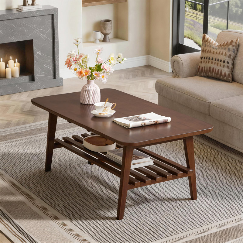Foldable Rubber Wood Coffee Table With Removable Lower Shelf