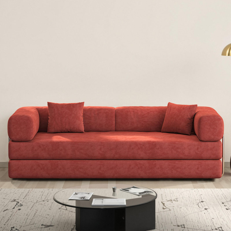 Boneless Sleeper Sofa Bed Convertible Compression Couch Bed Corduroy Floor Couch With 2 Pillows, Rust Orange