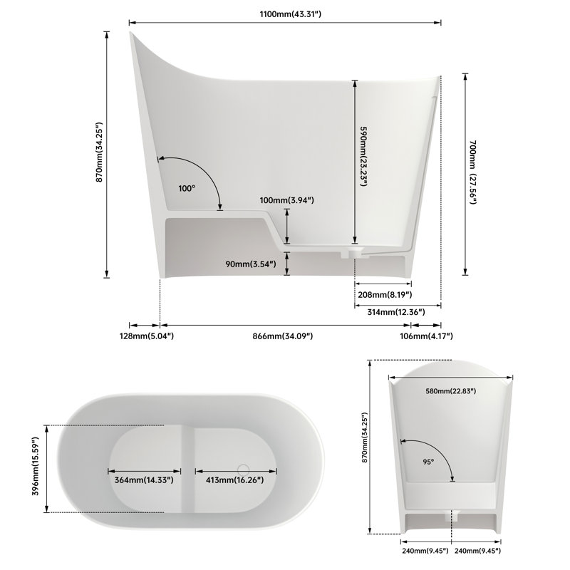 43'' Japanese Freestanding Bathtub Solid Surface Deep Soaking Tub