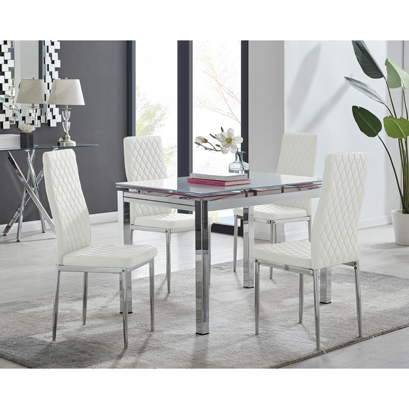 Ensemble de table de salle à manger extensible en verre et en métal Tierra et 4 chaises de salle à manger en similicuir de luxe