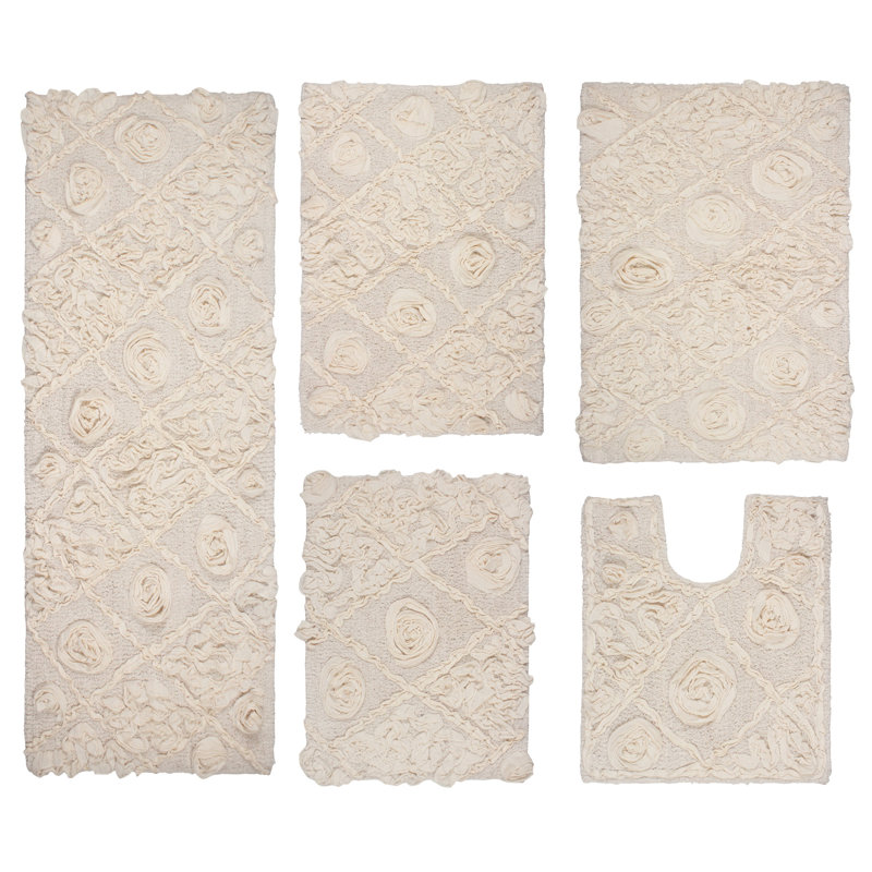 Multiple 100% Cotton Floral Design Bath Rugs (Set of 5), Ivory