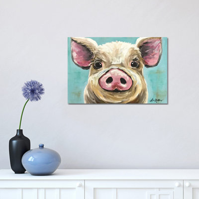 Rosey the Pig on Turquoise 1 Piece Wrapped Canvas Painting
