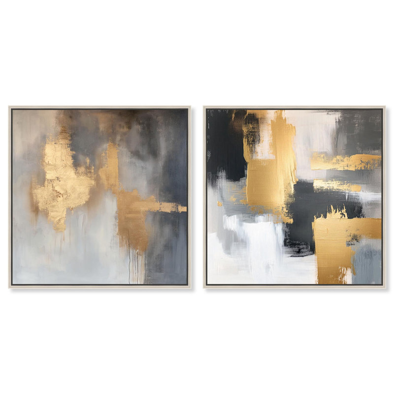 «Gilded Tranquil Abstract Art», ensemble de 2 panneaux sur toile par , Argent argent, H 25 po x l 25 po