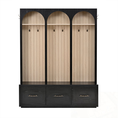 Hall Tree With Arched Design, 8 Hooks And 3 Drawers