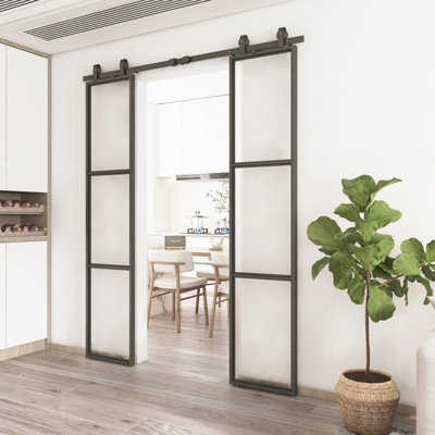 Metal and Tempered Glass Double Sliding Barn Door with Installation Hardware Kit, 2 Sets of Door