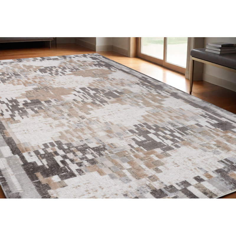 Tapis abstrait délavé crème et brun 5 pi x 8 pi