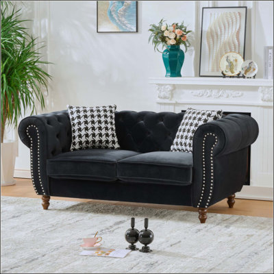 Canapé Chesterfield® en tissu d'ameublement en velours avec accoudoirs roulés et têtes de clou, canapé rembourré de style Mid-Century, canapé 2 places pour salon, bureau, appartement