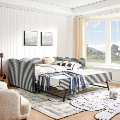Lit de jour en vichy double avec lit gigogne simple et sans sommier, avec port USB