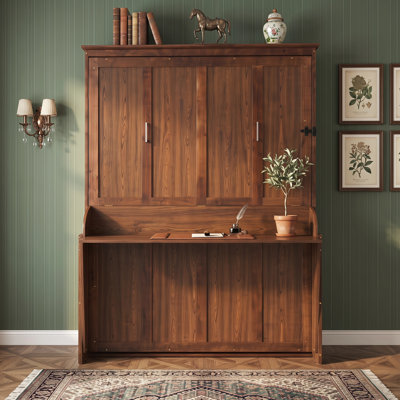 Queen Size Wood Murphy Bed Cabinet with Gas Struts, Space Saving Hidden Wall Bed