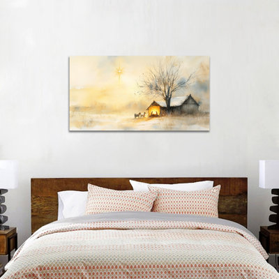 Large Nativity Scene Wall Art - O Holy Night Wall Decor, Christmas Nativity Pictures Wall Decor for Living Room, Religious Artwork Canvas Prints, Pine Frame Wrapped Wall Art, 24×48 inches