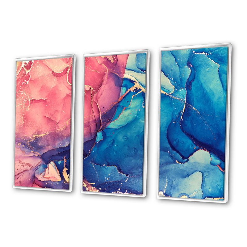 «Red and Blue Liquide Art I», reproduction de cadre flottant 3 pièces sur toile, Cadre blanc, H 32 po x l 48 po x P 1 po