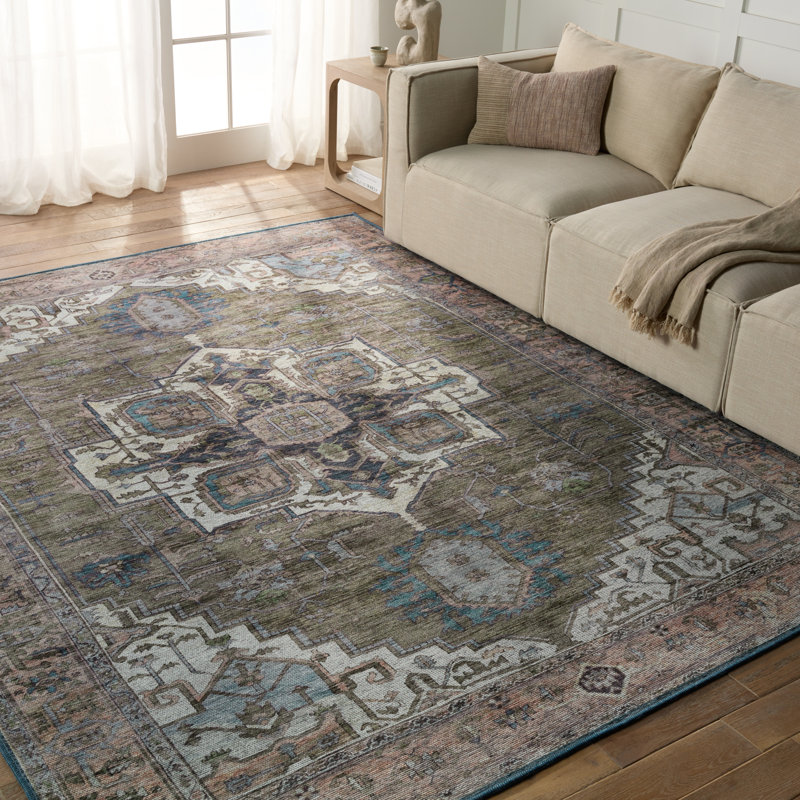 Beesley Machine Washable Green/Blue Rug, Rectangle 3'11" x 6'