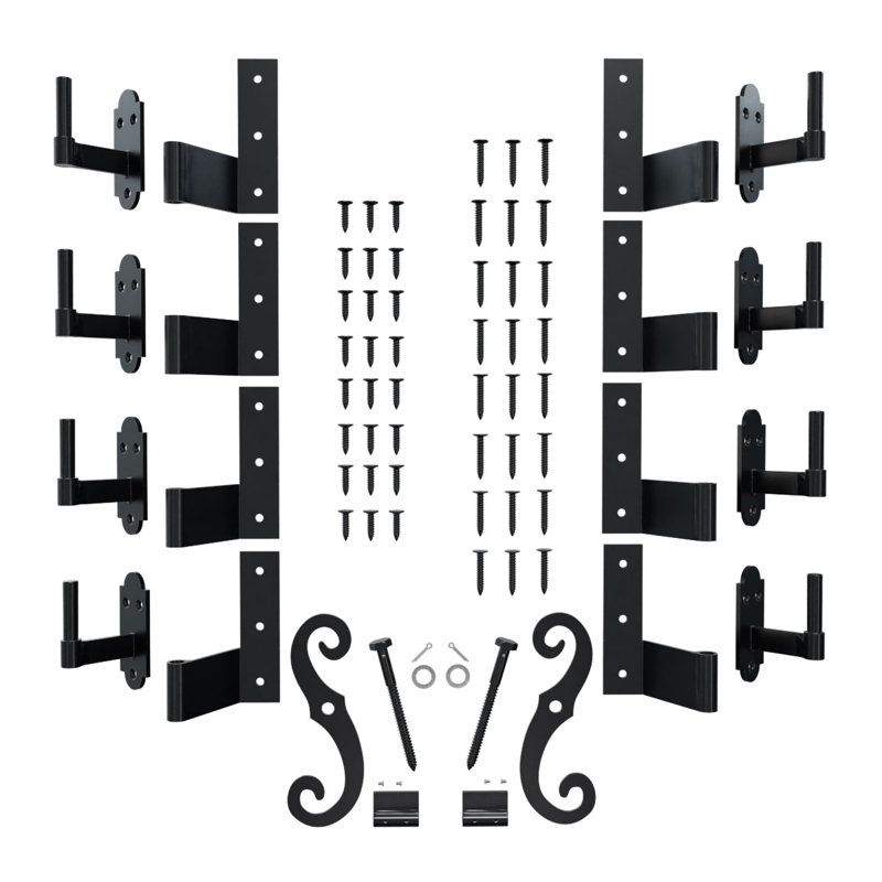 Charnière plate SteelTek avec ensemble de volets décalés de 2 1/4 po, pour des hauteurs de 60 à 80 po (comprend 8 charnières plates, 8 pintels sur la plaque, 1 paire de retenues en S avec support de volet à verrou)