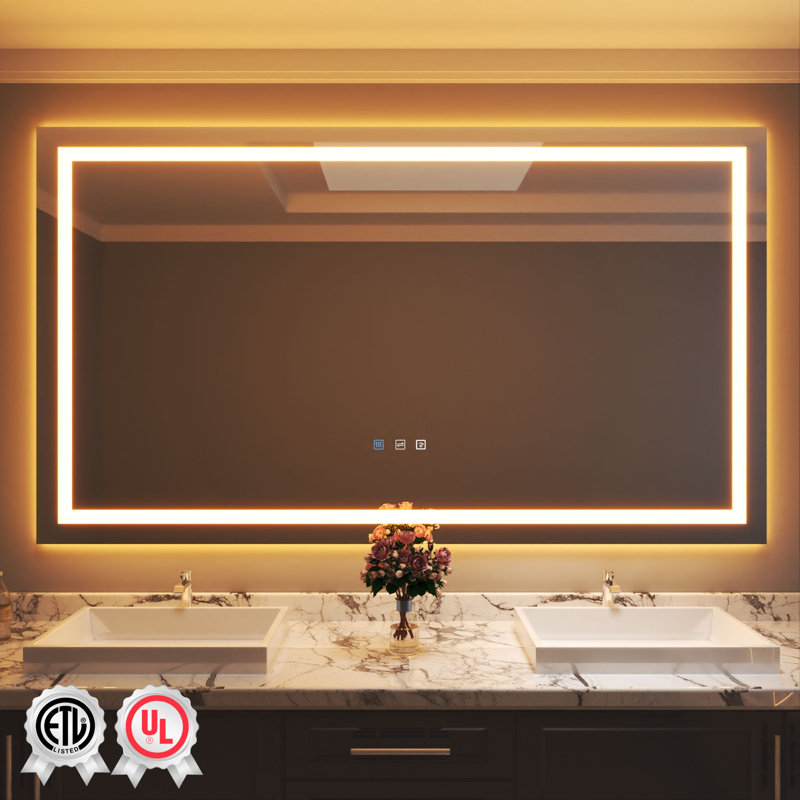 Miroir de salle de bain mural 110 po x 48 po avec cadre rétro et rétroéclairé, 48 po x 110 po