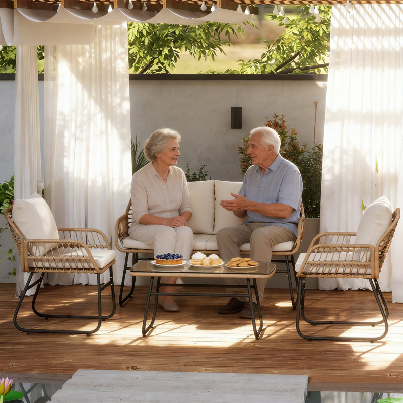 4-Piece Outdoor Patio Conversation Set with Cushions, for Garden, Backyard, Poolside, Beige