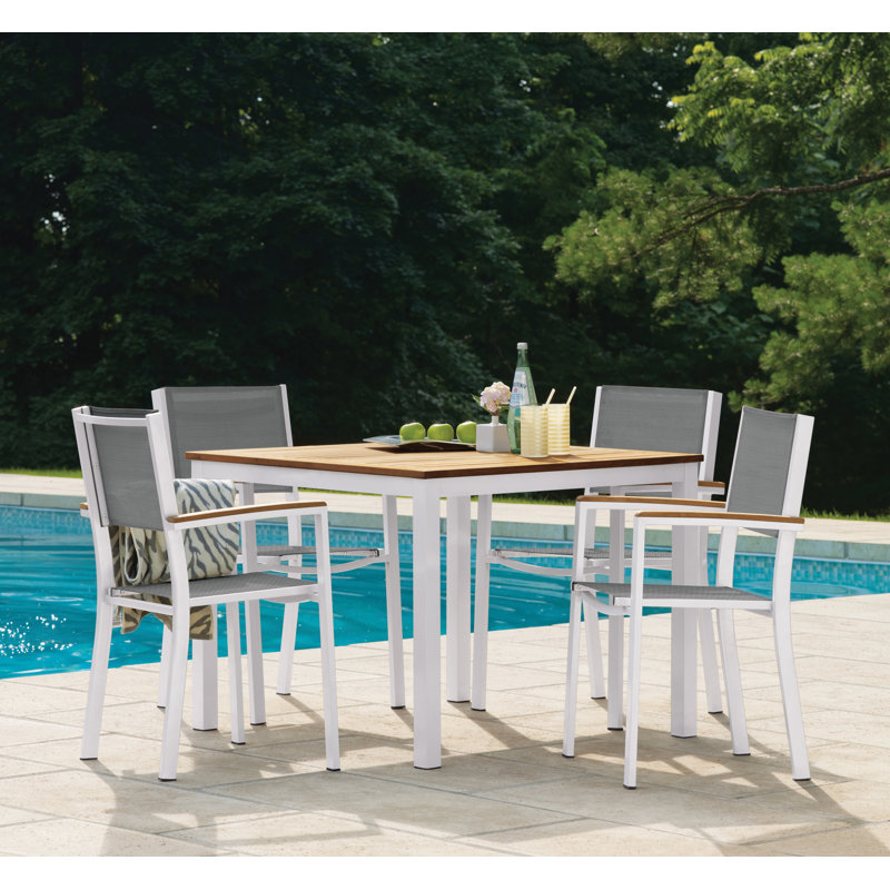 Fauteuil de patio empilable Travira, Bois de teck naturel, Craie, Natté titane