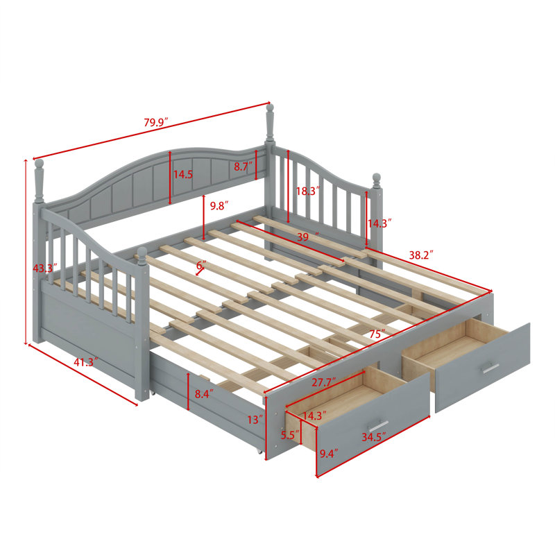 Rosamond Wooden Twin Size Daybed with Twin Size Trundle, Extendable Daybed with Two Drawers, Grey