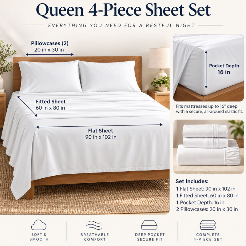 Ensemble de draps 4 pièces en microfibre brossée avec poche profonde de 16 po, gris foncé, Queen Sheet Set with 2 Pillowcases