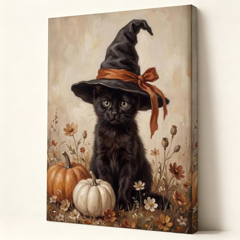 Chat noir coiffé d'un chapeau de sorcière avec des citrouilles, tableau réaliste à l'huile sur toile tendue sur châssis, 61 cm x 91 cm, prêt à accrocher.