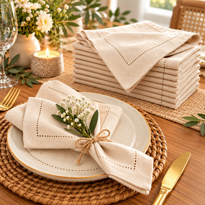Ensemble de 12 serviettes de table en coton crème ajourées 18 x 18