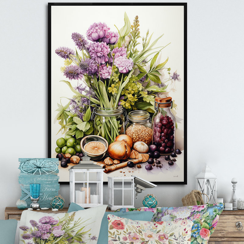 «Purple Green Food Herbs A Delicate», reproduction d'art sur toile, H 32 po x l 24 po x P 1 po, Cadre flottant noir