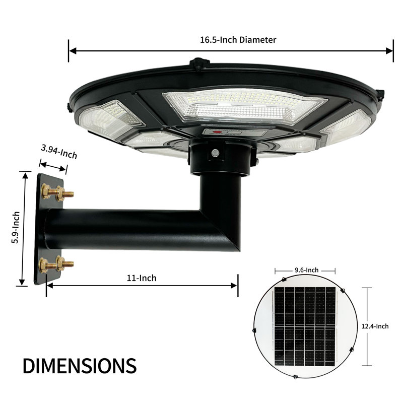 Lampadaire extérieur de 42 cm (16,5 pouces) avec support mural en L, 750 DEL, alimentation solaire et recharge CC, étanchéité IP65