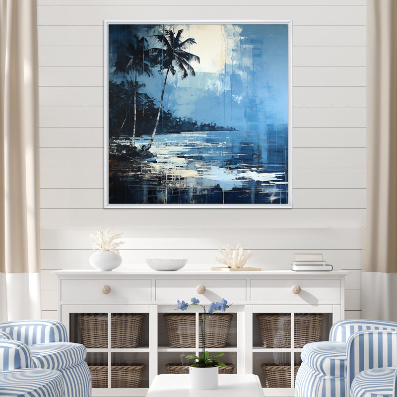 Impression sur toile de tropical tropical bleu et gris Palmtree III - Nautique et plage, Cadre flottant blanc