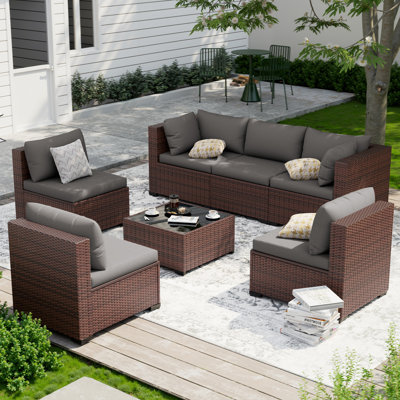 7-Piece Outdoor Wicker Patio Conversation Furniture Set With Cushions