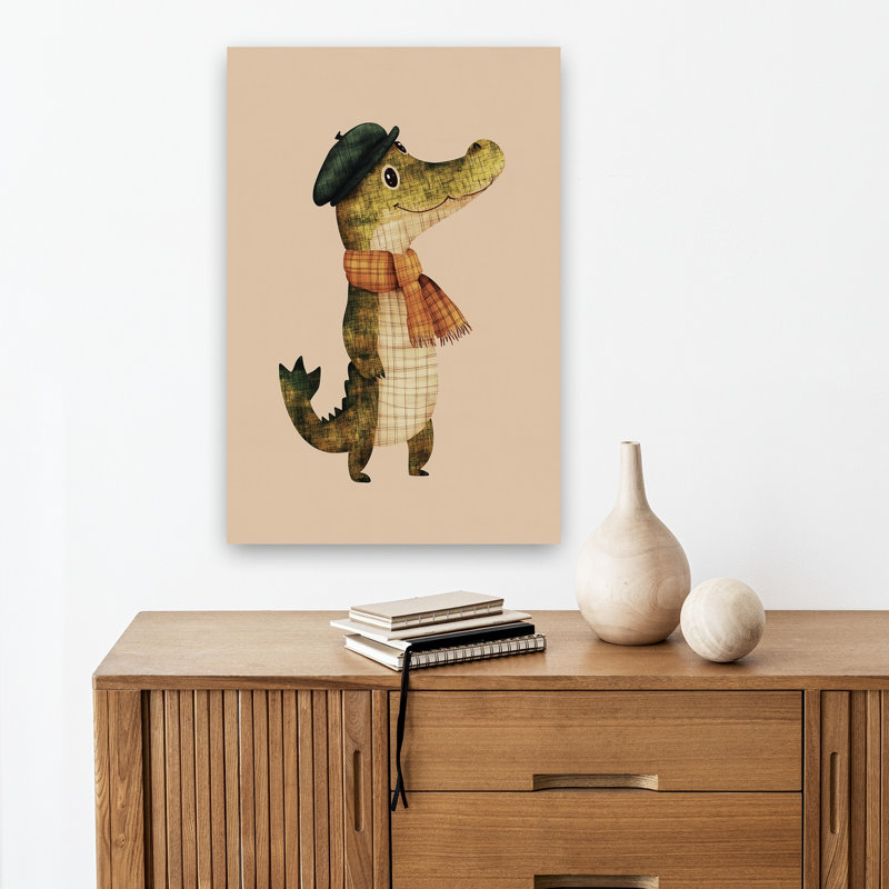 Dapper Crocodile Whimsical Contemporary Alligator Crocodile Wall Art Print 1 Piece Wrapped Canvas Wall Art