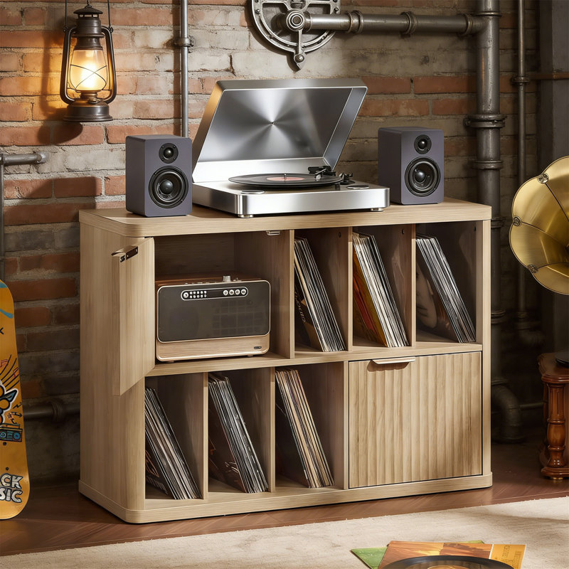 Large Record Player Stand With Vinyl Storage For 450 Albums, Wood Fluted Boho Cabinet, Natural Oak