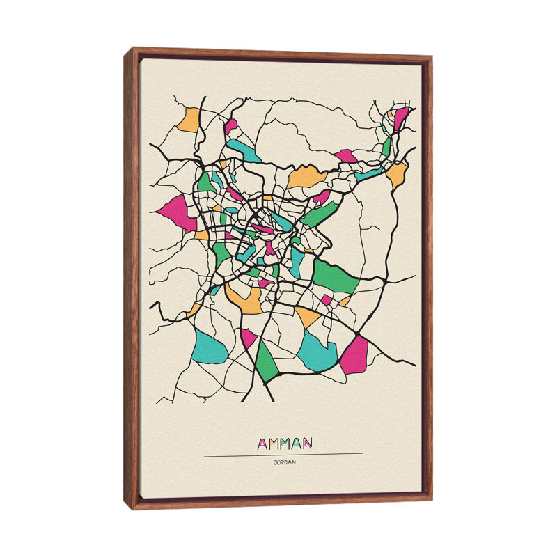 Amman, Jordan Map by Ayse Deniz Akerman - Print on Canvas, Brown Floater Frame, 152.5 cm H x 101.5 cm W