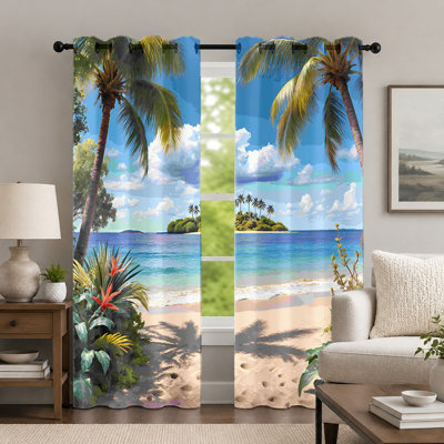 2Pcs Tropical Beach View Curtains, Scenic Ocean Island Print Curtain, Vibrant Palm Tree Seaside Landscape Grommet Drapes, Window Treatment for Bedroom Living Room Decor