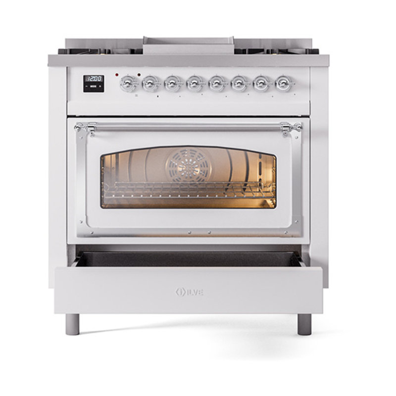 ILVE Nostalgie II Noblesse 36 in Dual Fuel Range, White/Chrome, Natural Gas