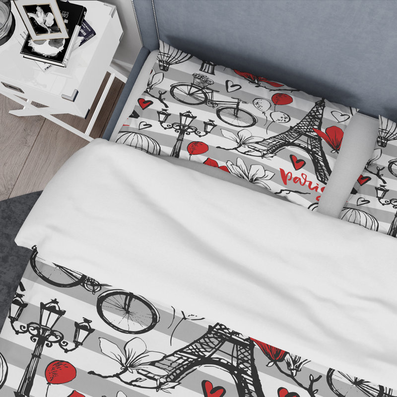 Paris Eiffel Red Hearts Microfiber Duvet Cover Set