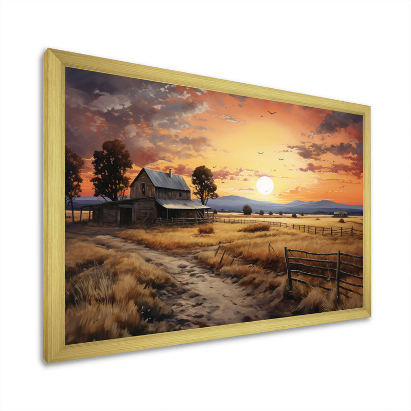 Paysage de grange au crépuscule IV - Art mural de grange pour le salon, H 16 po x l 32 po, Cadre photo unique, Doré