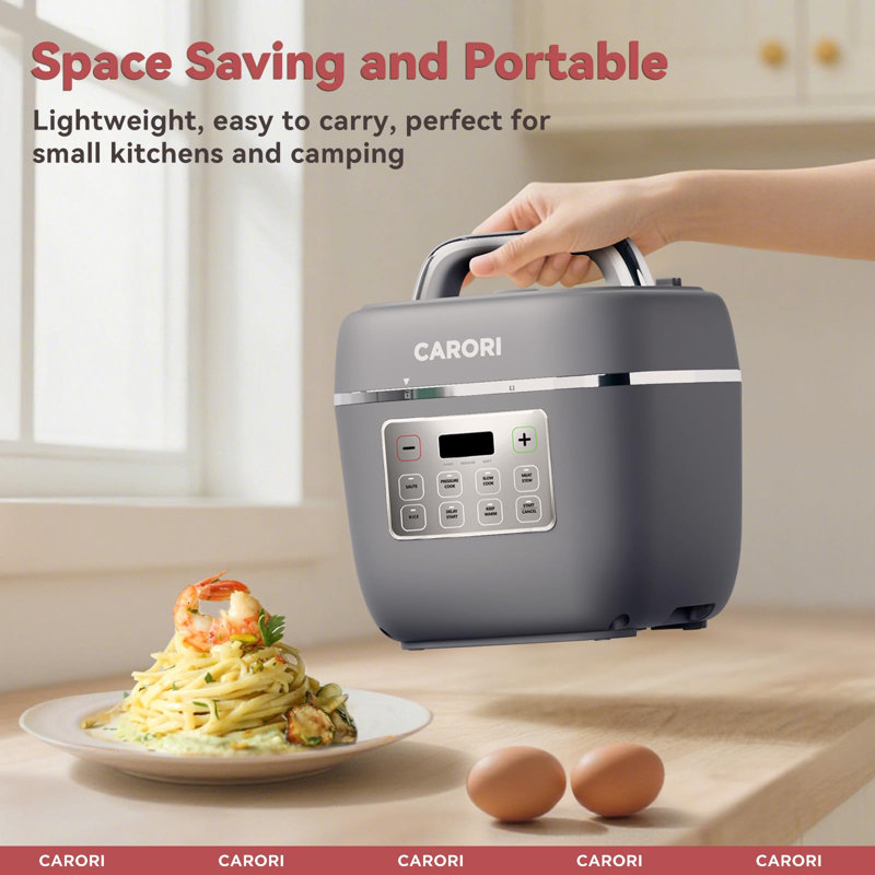3Qt Gray Electric Pressure Cooker, 8-in-1 Compact Multi Cooker, Ceramic Nonstick Pot, 700W for Small Kitchen