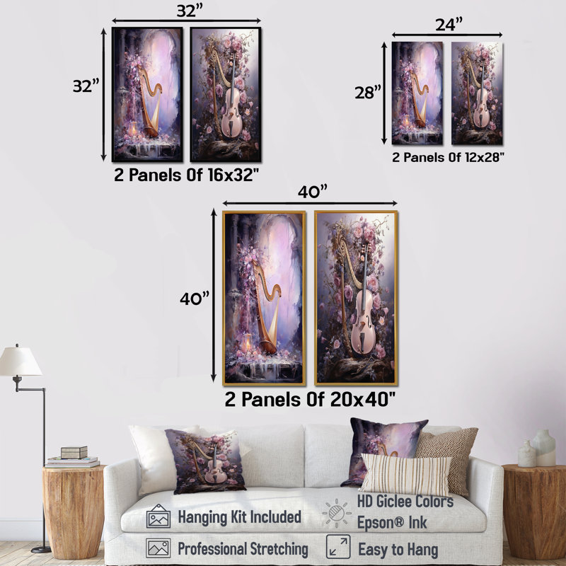 Lyre Lore - Mythique mauve - Ensemble de 2 impressions sur toile, H 28 po x l 25 po, Toile tendue