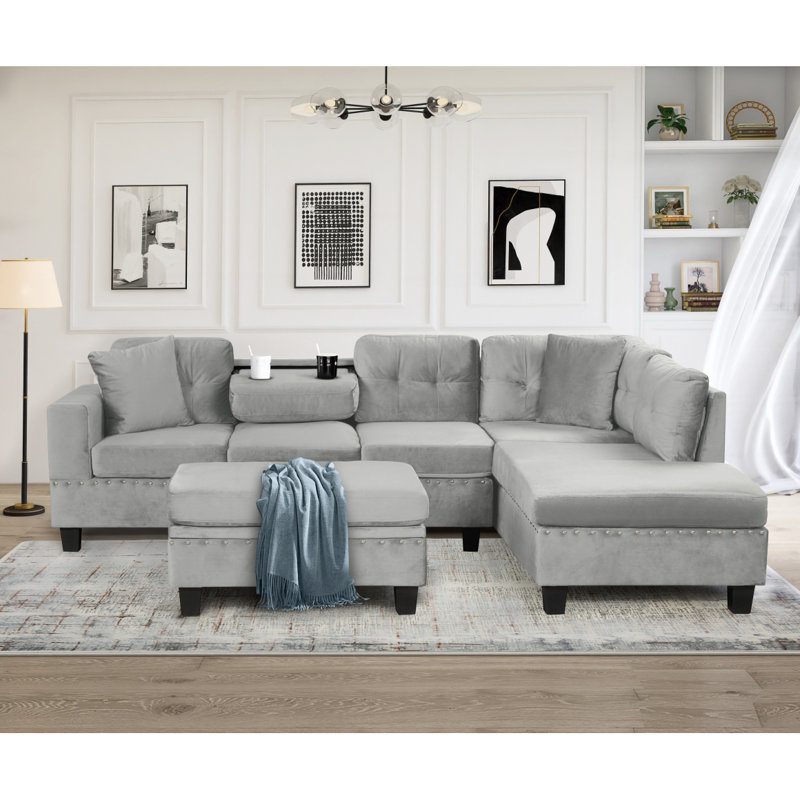 Canapé modulaire de 105 po avec repose-pieds avec rangement, canapé en L avec 2 coussins et porte-gobelets, canapé modulaire avec méridienne réversible pour le salon