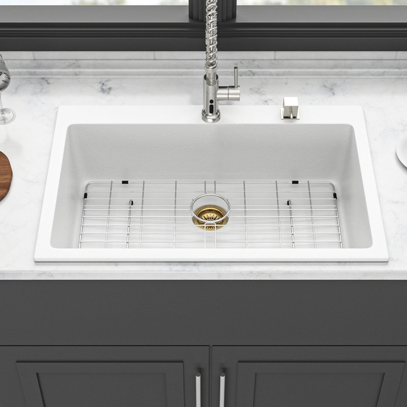 Évier de cuisine encastré en quartz 33 po x 22 po, épais et composite, fonctionnement silencieux, surface non poreuse à nettoyer, livré avec crépines, guide d'installation de la grille inférieure haut de gamme