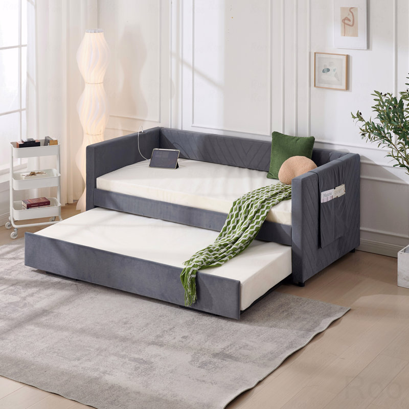 Upholstered Trundle Daybed, Twin Size,USB Port,Side Pockets, Modern V-Grained Backrest Design,No Box Spring Needed, Gray