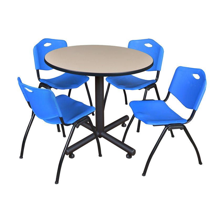 Regency Kobe Round X-Base Breakroom Table, 4 M Stack Chairs, Blue, Cherry