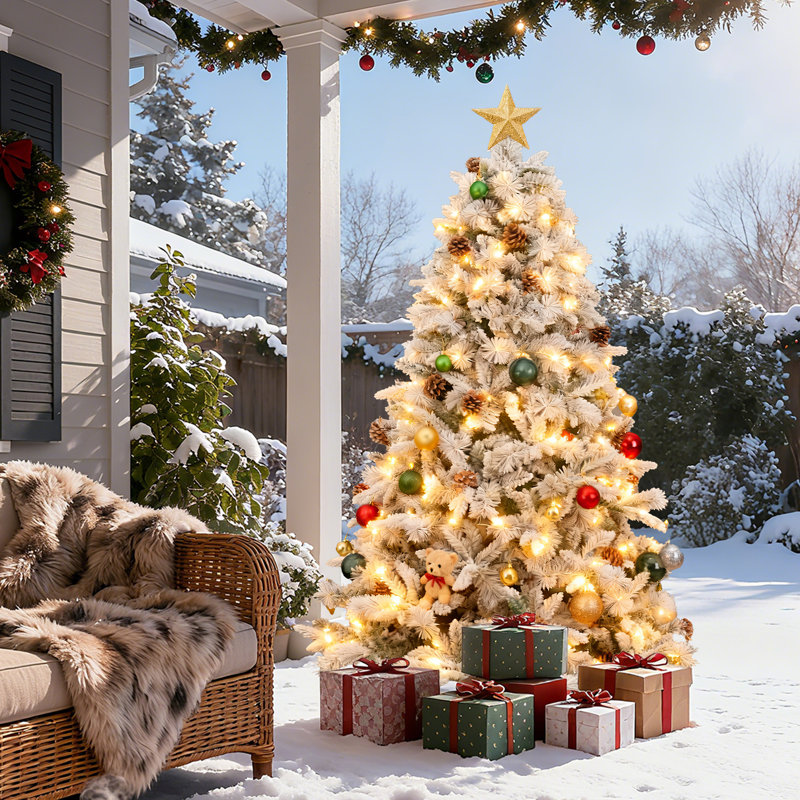6 FT Flocked PE Pine Needle Christmas Tree | Pre-Lit Artificial Tree with Fairy Lights | Christmas Decoration Compatible | Dense Branches & Pine Cones Holiday Festive Tree