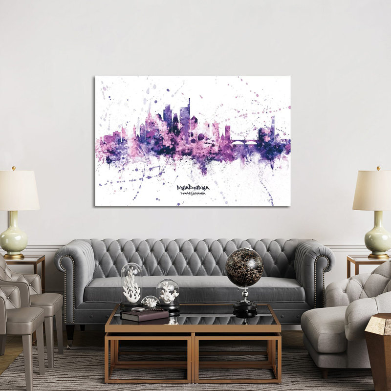 Philadelphia Skyline Splash Purple by Michael Tompsett - 1 Piece Wrapped Canvas Wall Art, 152.5 cm H x 101.5 cm W