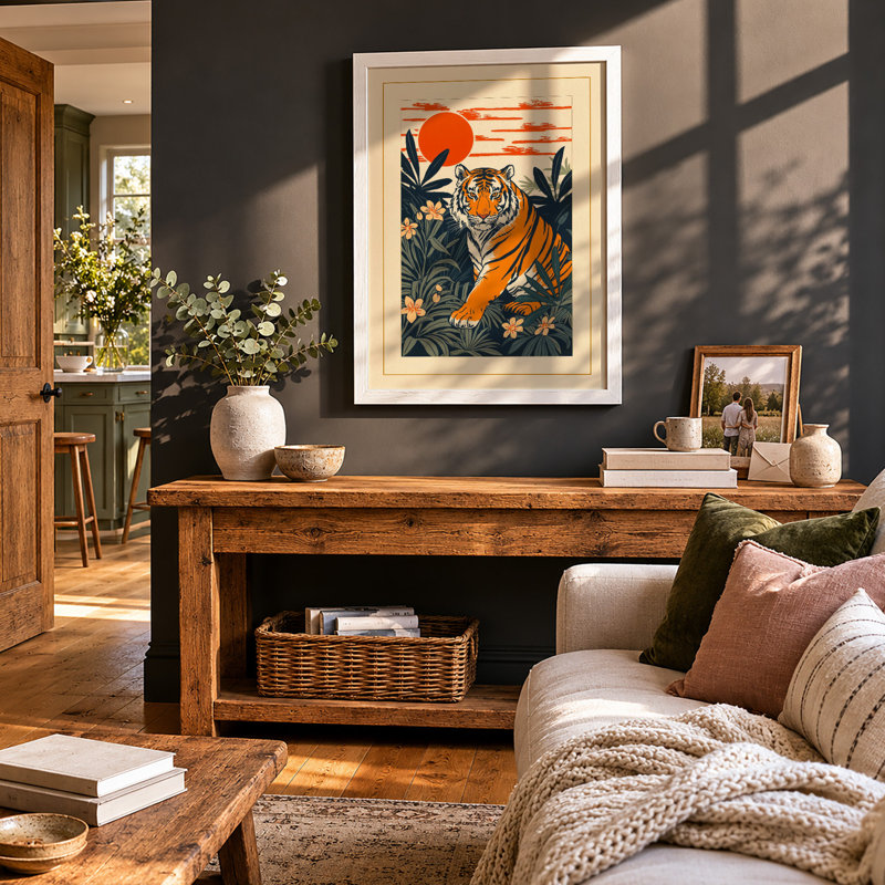 Tiger in Jungle Japandi - Framed Print, A2 - 59.4 x 42.0 cm, White