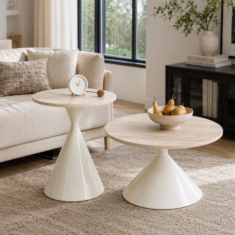 Ensemble de 2 tables basses rondes avec base en acier, table basse multifonctionnelle et élégante, Blanc naturel / blanc