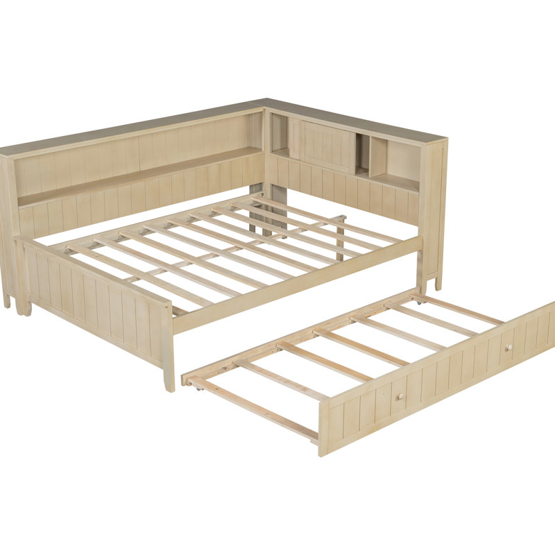 Lit de jour pleine grandeur en bois avec tablettes de rangement et lit gigogne en bois de pin blanc antique + fabrication, style, pas de sommier tapissier en bois massif +, rangement multiple, pour la nuit