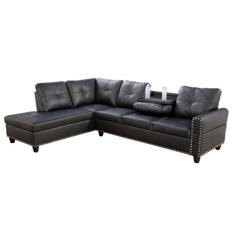 Naranja 2 - Piece 97" Vegan Leather Sectional With Drop down Table and Cupholders, Black Faux Leather, Left Hand Facing