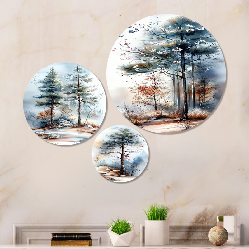 «Delicate Spring Forest Blooms - Pine Trees», ensemble de 3 impressions murales en métal