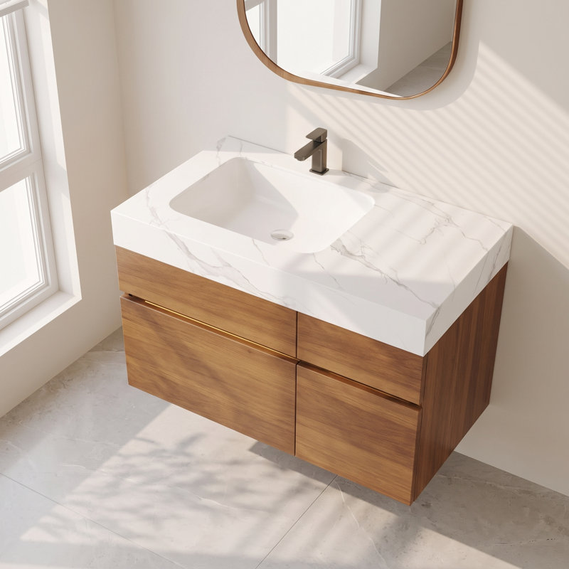 Meuble-lavabo mural simple en noyer de 76 cm (30 po) avec lavabo en céramique, comptoir en pierre frittée, tiroir et armoire