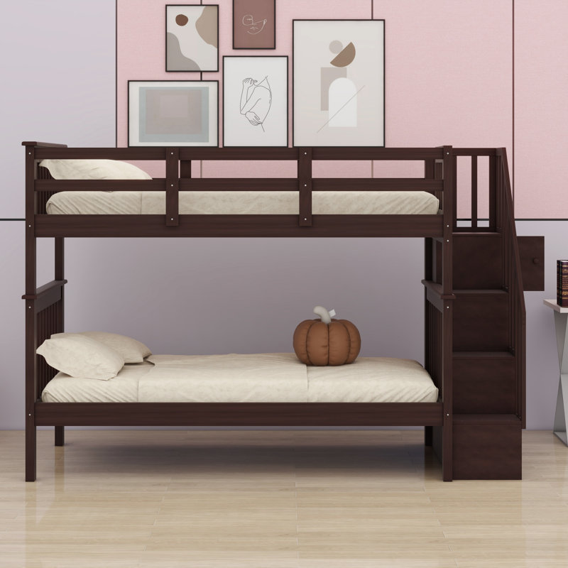 Bunk Bed With Storage Stairway And Guard Rail, Espresso